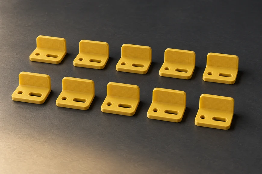 AI-generated arrangement of ten matching yellow desktop-bracket concepts, each with a round reference hole and an elongated slot.