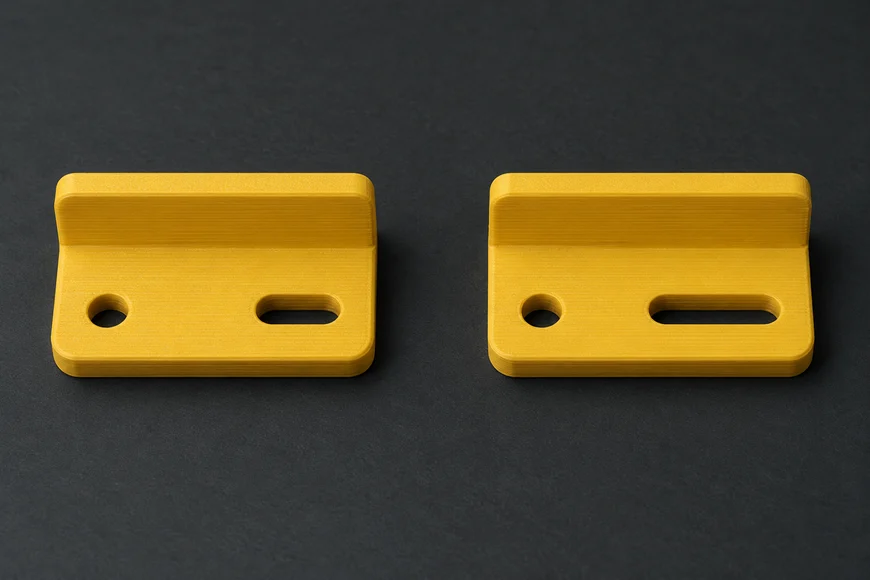 AI-generated comparison of two yellow desktop brackets: Rev A with a short slot and Rev B with a longer slot, both with a circular reference hole.