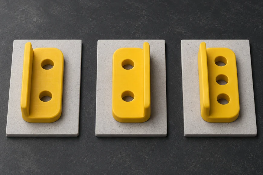 AI-generated top views of three yellow desk-guide feet: left fin with two holes, right fin with two holes, and left fin with three holes.