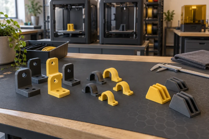 AI-generated imagined workshop bench with grouped yellow and charcoal desktop parts and generic enclosed printers behind.